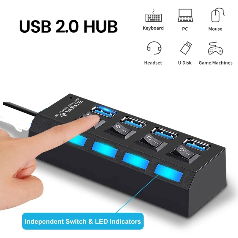

Высокоскоростной 4-портовый USB 2.0 Мульти-разветвитель USB-концентратор 2.0 Используйте адаптер питания Несколько расширительных переключателей Кабельный концентратор 30 см Док-станции