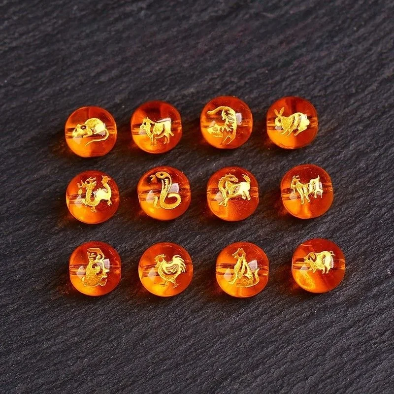 Citrine Gilding Zodiac Round Beads Loose Beads Semi-finished Products DIY Beads Bracelet Pendant Beaded Accessories Material