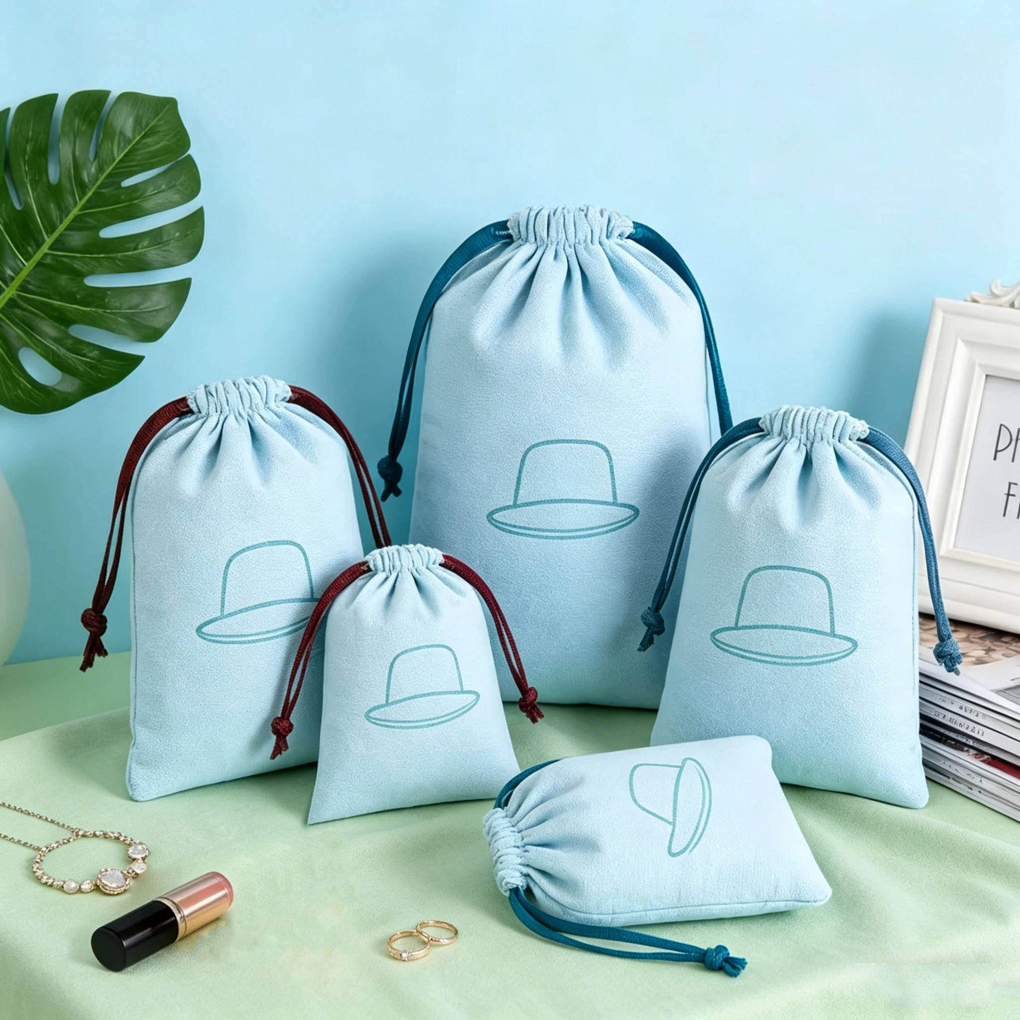 

100Pcs Blue Nature Cotton Bag Custom Logo Canvas Jewelry Packaging Bag Ribbon Drawstring Pouch Candy Gift Pocket Wedding Favors