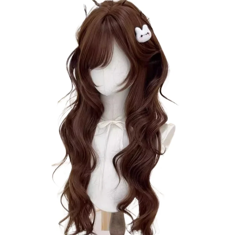 Bitlamb natural longo senhoras de fibra sintética cabelo chocolate cor marrom grande ondulado perucas cosplay para uso diário festa peruca completa