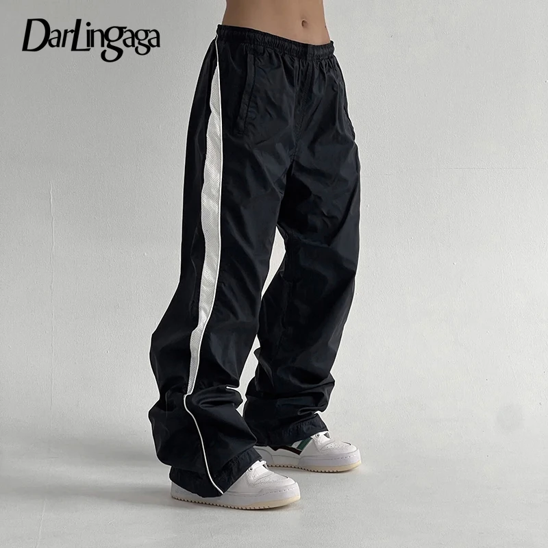 

Darlingaga Street Style Stripe Spliced Baggy Trousers Techwear Drawstring Sporty Chic Casual Female Pants Joggers Harajuku 2024