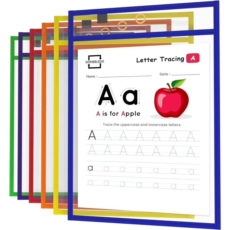 6 Pack Reusable Dry Erase Document Sleeves Colorful Sheet Protector Waterproof File Pouch for Office Work Order Project Organiza