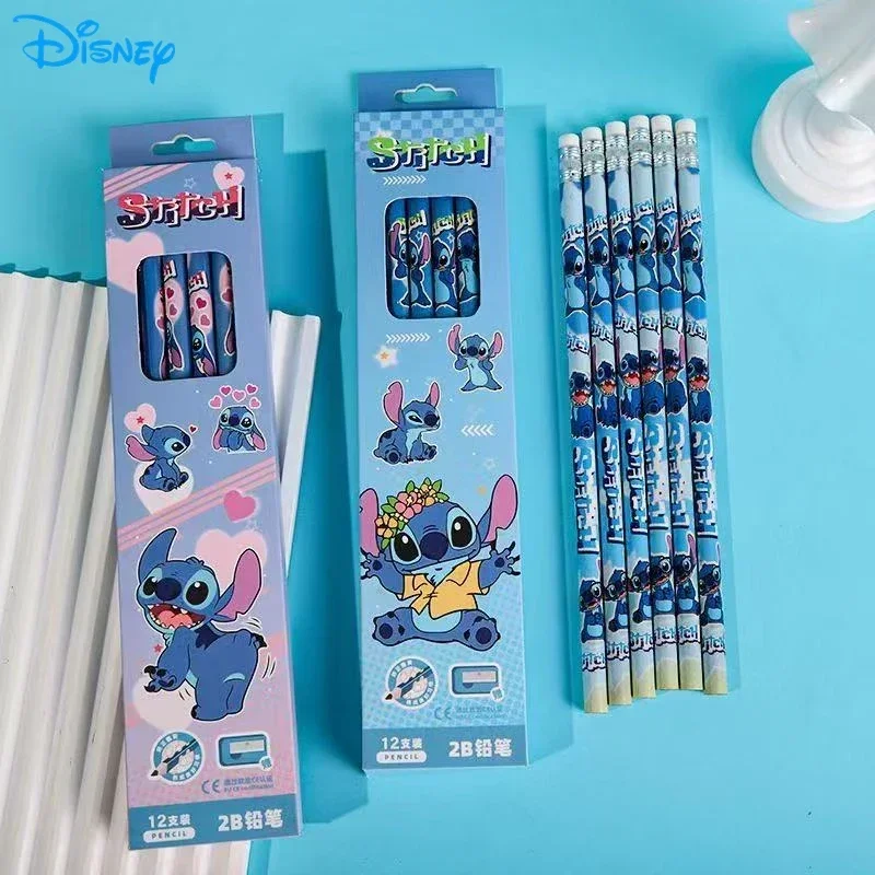 12Pcs/box Stitch Pencil  Anime Cute Student Stationery Cartoon Drawing Pencil Eraser School Supplies Girl&Child Holiday Gifts