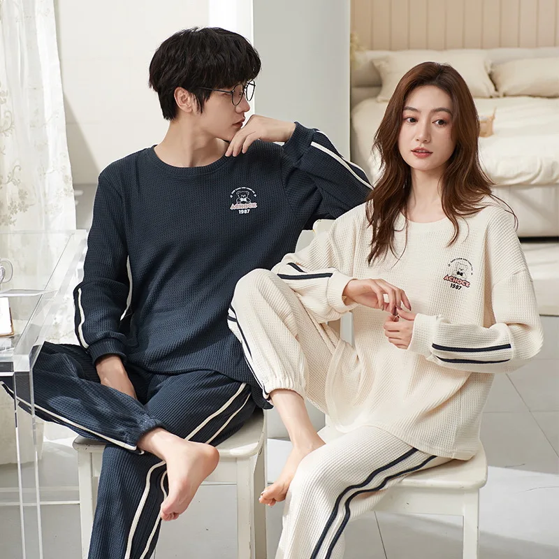 Couple Nightwear Suit Spring Sporty Long Sleeve Pajamas Waffle Casual Homewear Men Big Yards M-3XL Cotton Pijamas Mujer Pyjamas