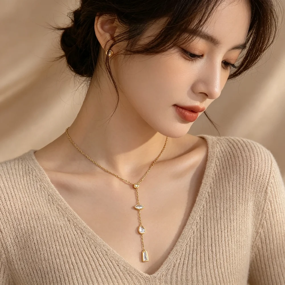 1 Stück AENSOA Damen Edelstahl Halskette Zierliche Geometrische Zirkon Anhänger Halskette Klassischer Romantischer Party Schmuck Geschenk – Detail 3