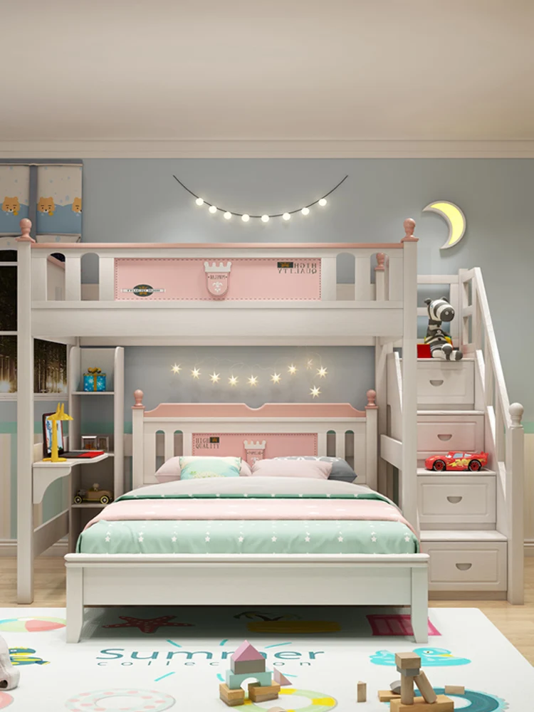 All solid wood children's bed, up and down bed, boy's bed combination, multi-functional American staggered high and low double b