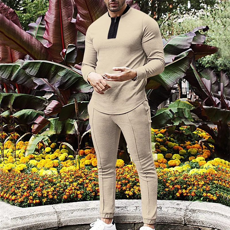 2024 Spring And Autumn New Heavy Set Men Waffle Fabric Men's Clothing V-neck Zipper Long Sleeve Pants Leisure Sports Suit