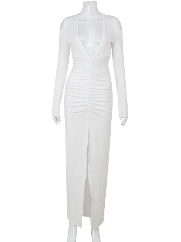 CNYISHE Diepe V-hals Solid Bodycon Schede Party Vrouwen Jurken Lange Mouw Split Outfits Sexy Club Mode Vrouwelijke Vestidos Gewaden