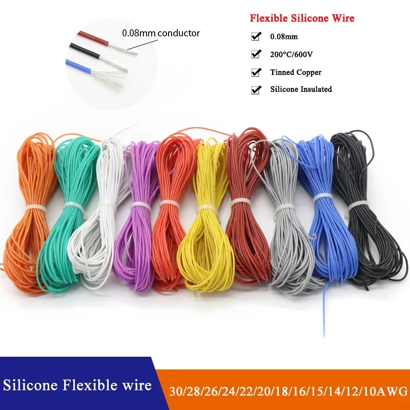 5m/10m fio de cobre super macio borracha de silicone 30awg ~ 10awg resistente ao calor cabo eletrônico ultra flexível cabo de alta temperatura