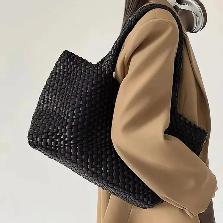 Ultra Soft Large Woven Shopper Tote Bag Spacious Vegan Leather Woven Handbag Purse Retro Handmade Travel Shoulder Bag Set image 3