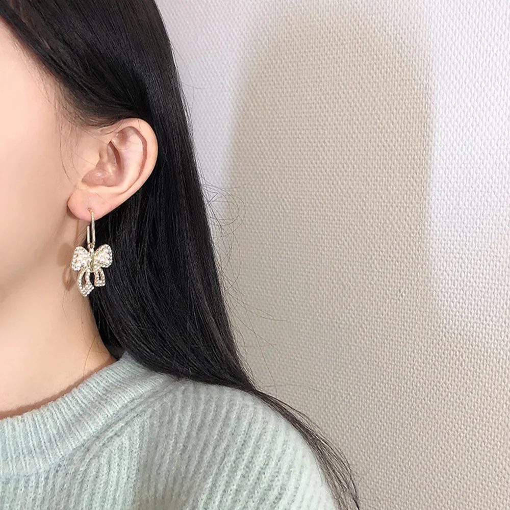 925 Silver Needle Exaggerated Crystal Bow Drop Earrings For Women Jewelry 2024 Trending New Luxury Korean Pearl Bowknot Earrings