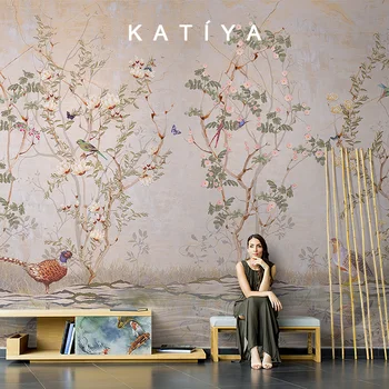 Customized products Customized products flower and bird wallpaper new Chinese pastoral flower living room bedroom sofa background wall hotel mural