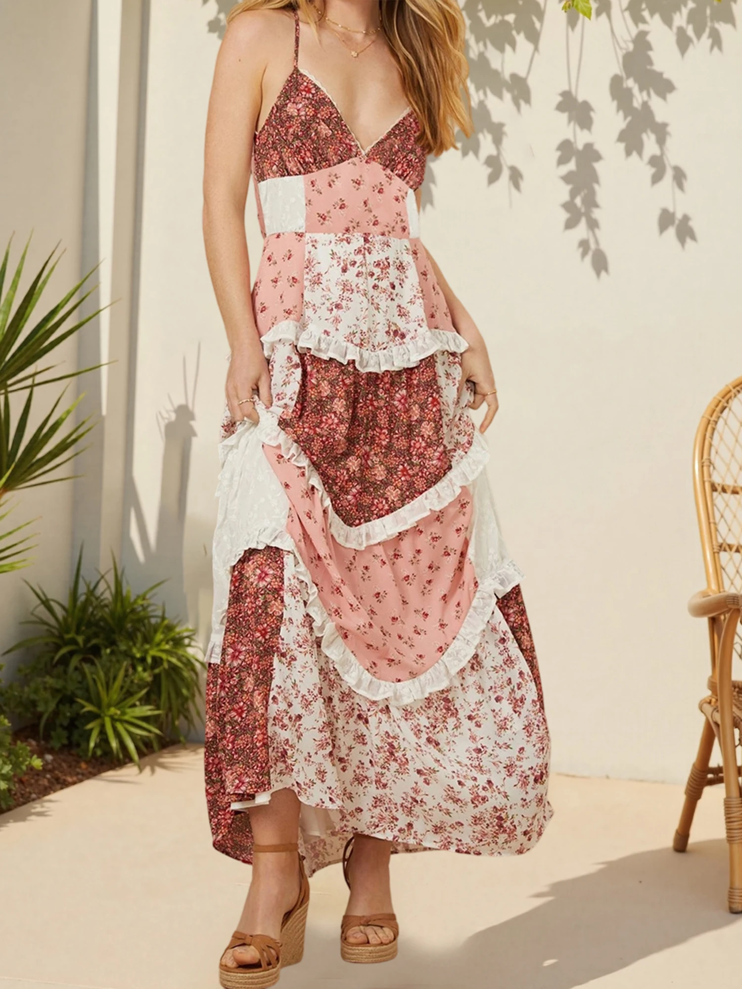 Robe longue de Style bohème avec ourlet à volants et détails à nouer au dos pour femmes robe d'été élégante sans manches à col en V