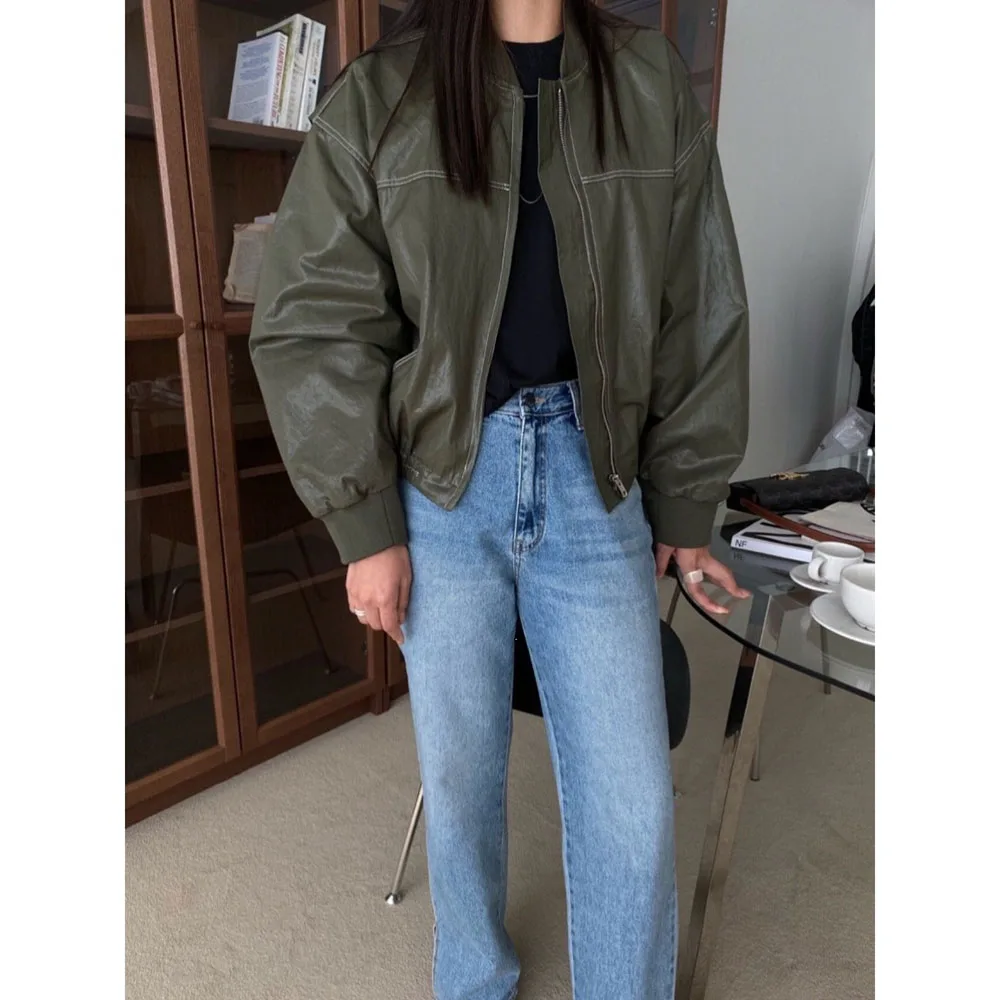 Hot Sale Korean Women PU Leather Jacket Short Classic Design Top Windproof Warm Coat Daily Autumn Winter Casual Style Outerwear