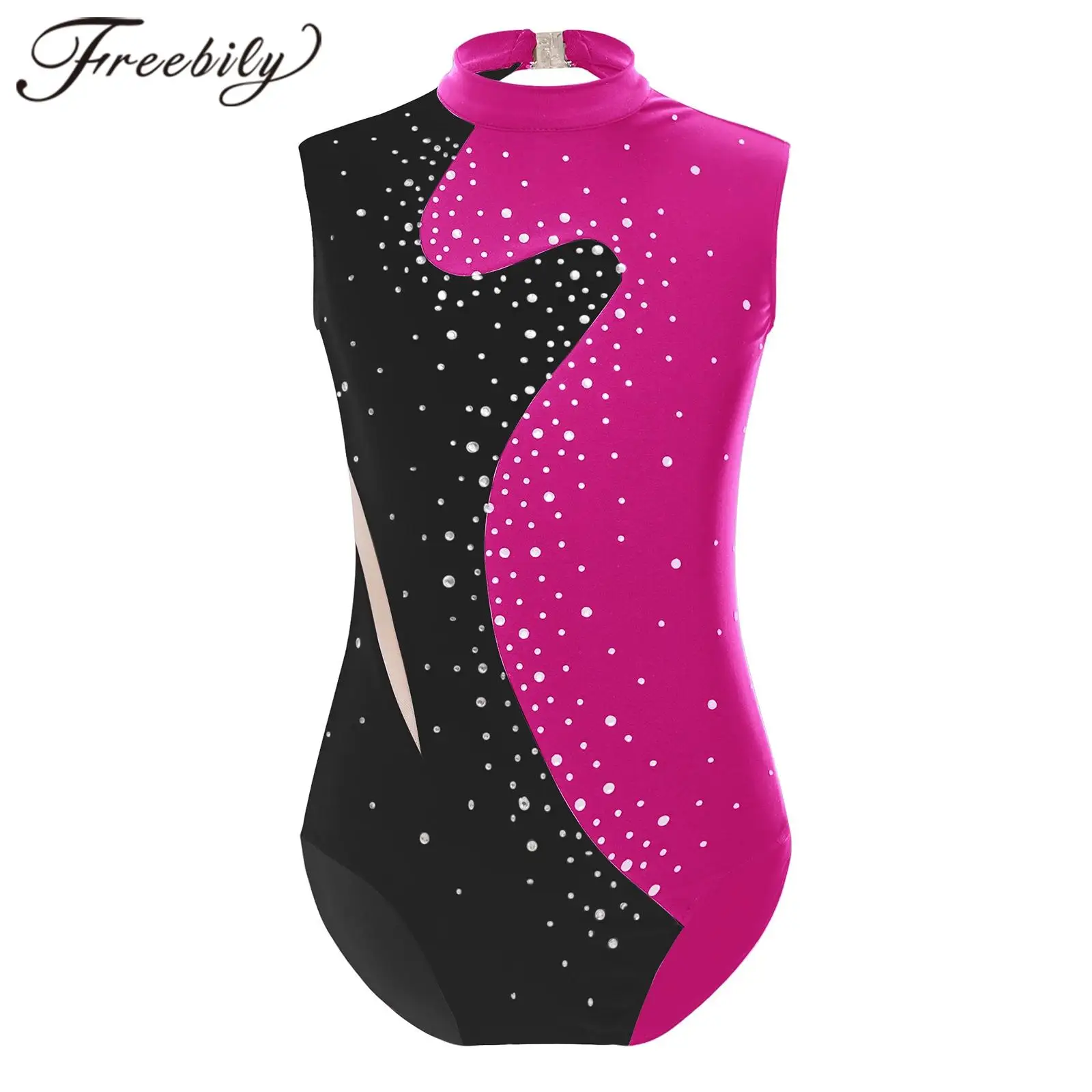 Children Rhythmic Gymnastics Jumpsuit for Girls Kids Sleeveless Shiny Rhinestone Skating Bodysuits Teens Ballet Dance Leotards