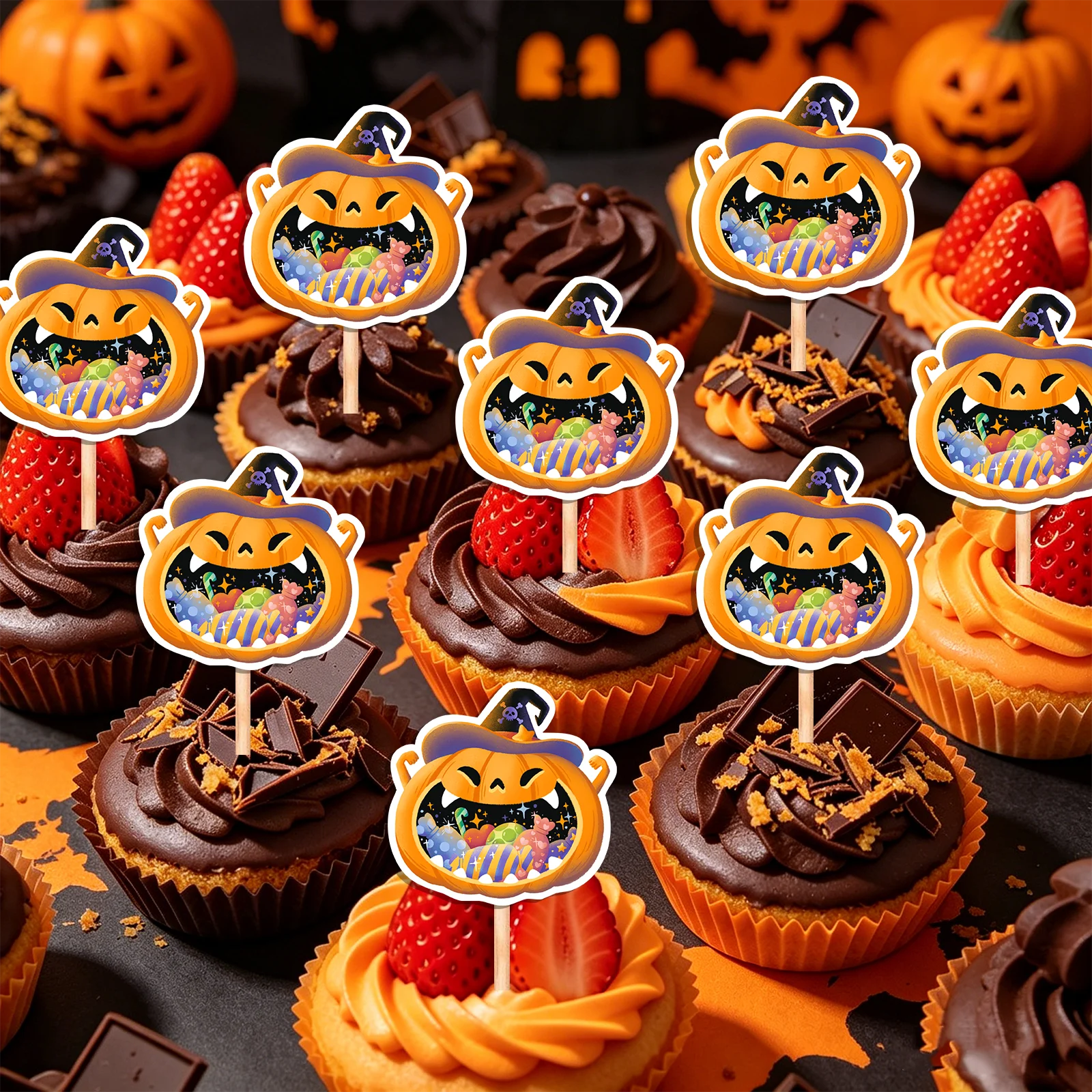 Halloween Pumpkin Cupcake Toppers, Witch Hat Jack O Lantern Cake Picks, Spooky Dessert Decor for Kids Halloween Party