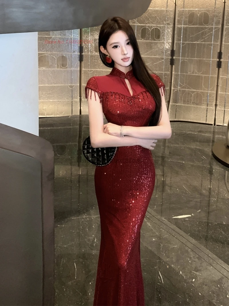 

2025 китайский улучшенный Cheongsam ретро сетка с блестками в стиле пэчворк «рыбий хвост» qipao винтажное вечернее банкетное платье сексуальное платье для ночного клуба