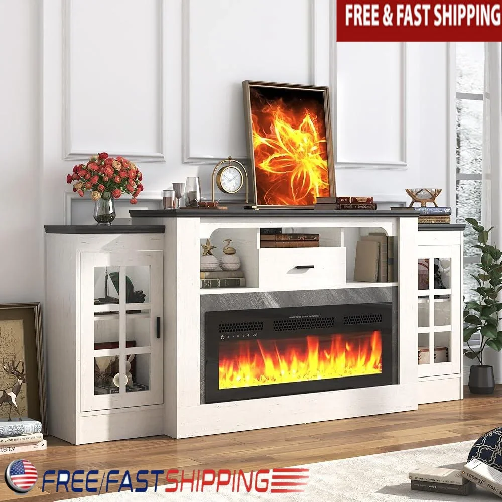 

75-дюймовый электрический каминный обогреватель с дистанционным управлением, 5120 БТЕ, 3D эффект пламени, подставка для телевизора с полками для хранения, розетки, замок от детей