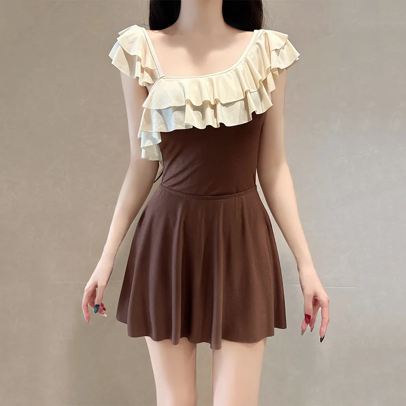 Fashion Off Shoulder Asymmetrical Women's One-piece Swimsuit Set Ruffled Trim Brown Skirt Style Two-piece Casual Swimwear