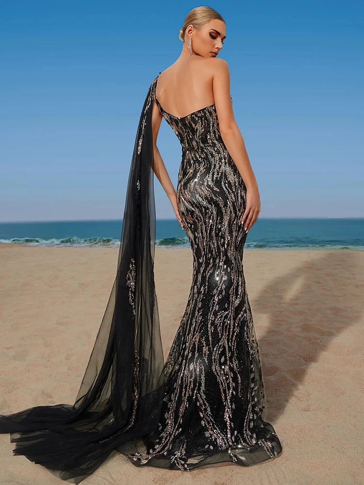 Czarne cekinowe sukienki maxi typu bodycon – elegancka suknia w stylu syreny na formalne okazje z złotymi detalami, luksusowa długa suknia koktajlowa i na studniówkę