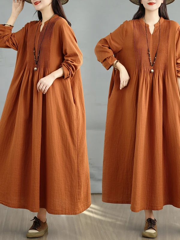 Vestido Maxi Artístico Retro de Manga Longa para Mulheres, Saia de Camadas Duplas, Vestido Casual de Outono com Decote em V O...