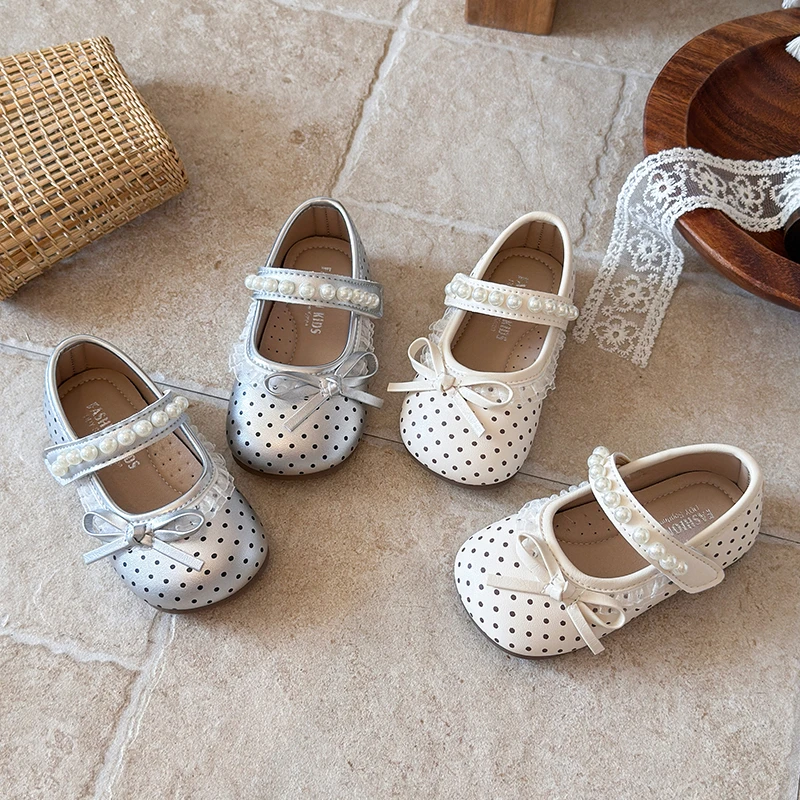 New Children Princess Bow Flat Shoes Polka Dot Pattern Little Girls Leather Shoes Round-toe Soft Kids School Causal Dress Shoes