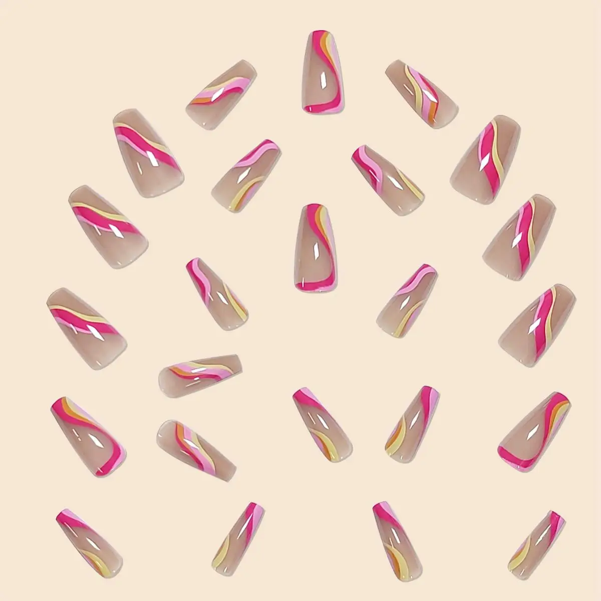 Fashion New Women Girls 24Pcs/Set Long Ballet French Colorful Striped Printed Full Coverage Wearable Fake Nail Press on Nail Art