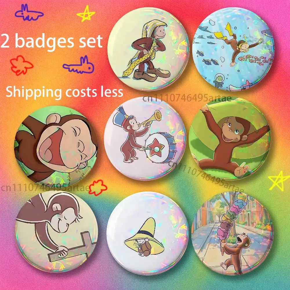 Monkey Curious George Holder Brooches for Backpack Accessories25,32,44,58,75mm Round Enamel Pins 2-piece set Cartoon Anime Badge