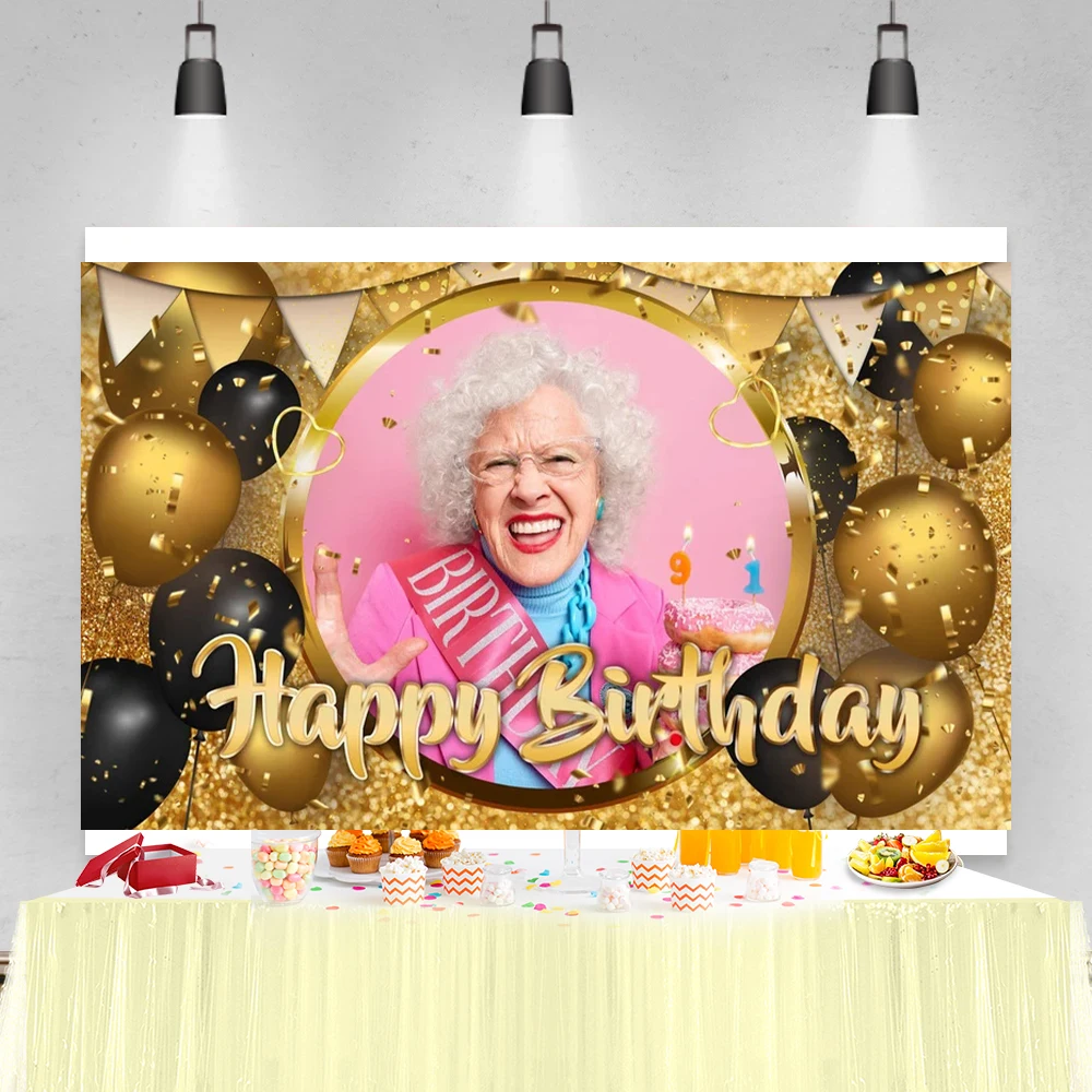 Telón de fondo de feliz cumpleaños personalizado, cartel de cartel negro y dorado, tela con purpurina, cortina, decoraciones de fiesta