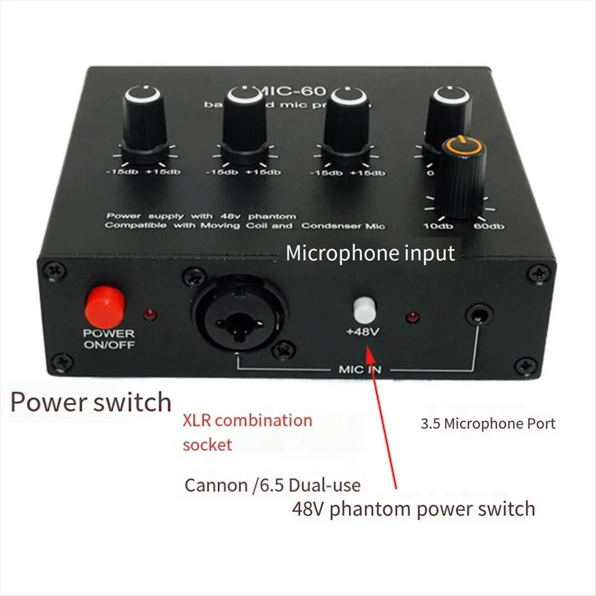 

New Balanced Dynamic Microphone Amplifier Music Audio Amplifier MIC-60 with 48V Phantom Power with 6.5mm Cable