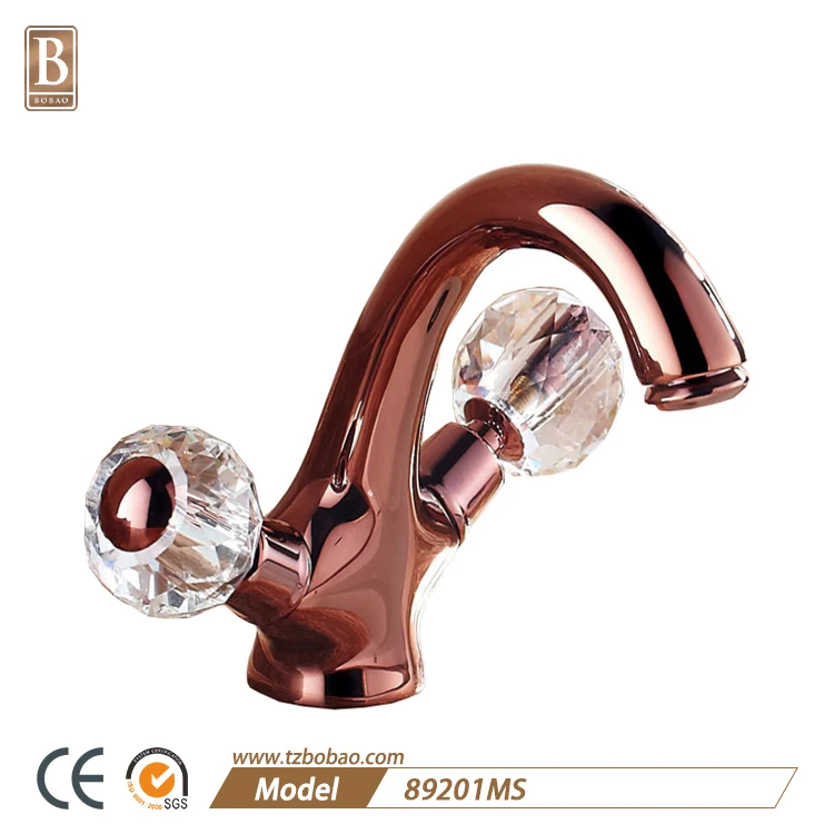 Gold Color Wash Basin Faucet, Luxury Brass, Hot and Cold, Crystal Handle