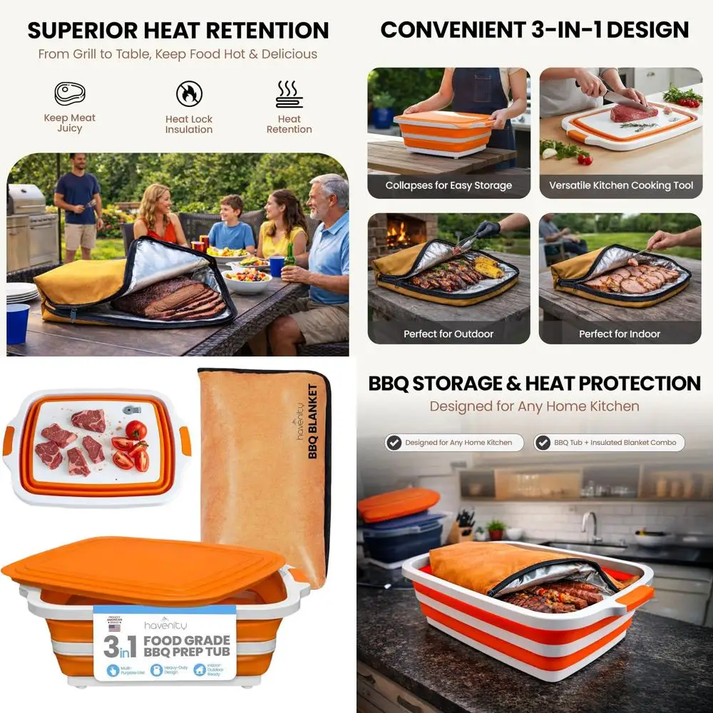 

Portable BBQ Prep Tub with Lid, 16-in-1 Camping Cutting Board, Reusable Meat Resting Bag, Collapsible Dish Basin for Grilling an
