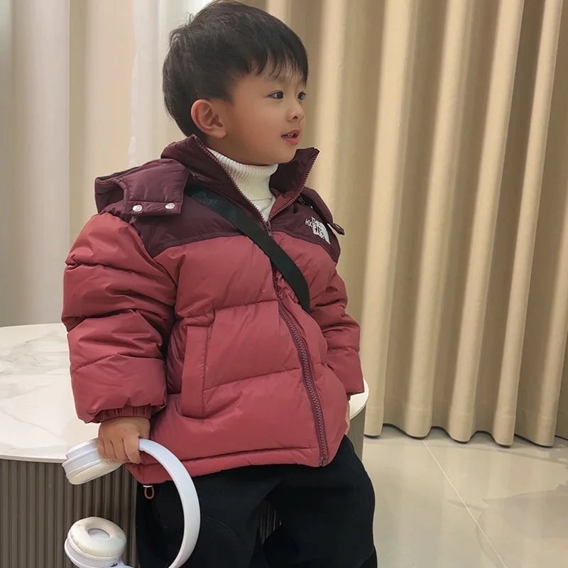 Children's clothing autumn and winter new style children's down jacket, medium and large children's thick color blocked off hat,