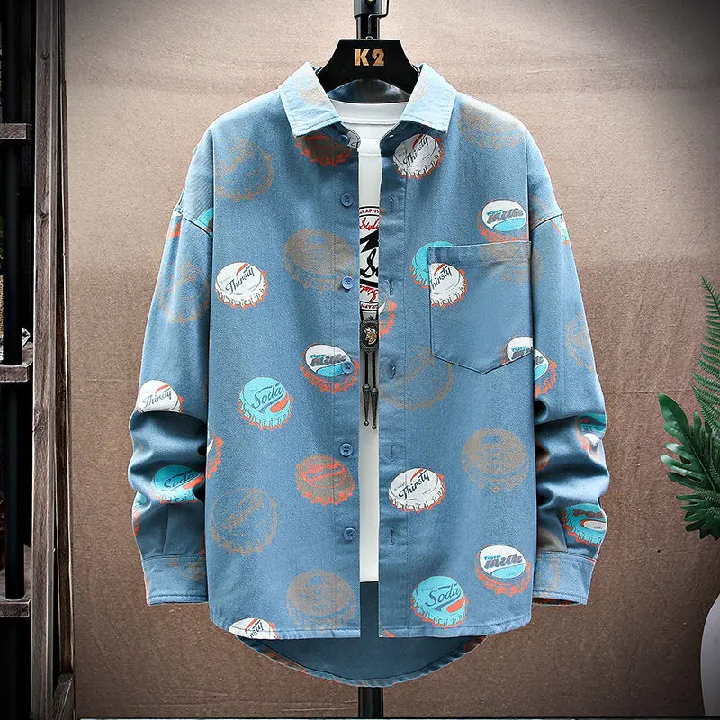 Stylish Lapel Button Spliced Loose Printed Pockets Shirts Men\'s Clothing 2022 Autumn New Oversized Casual Tops All-match Shirt