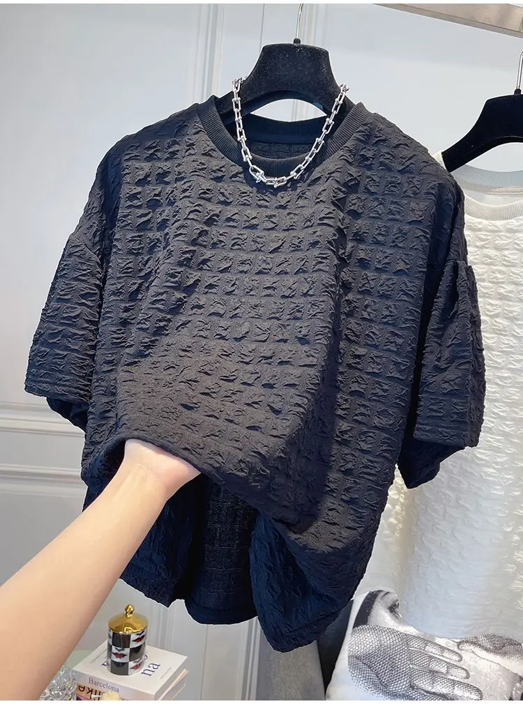 Fashionable and versatile casual pleated texture,  design, short sleeved T-shirt  women t shirt  harajuku