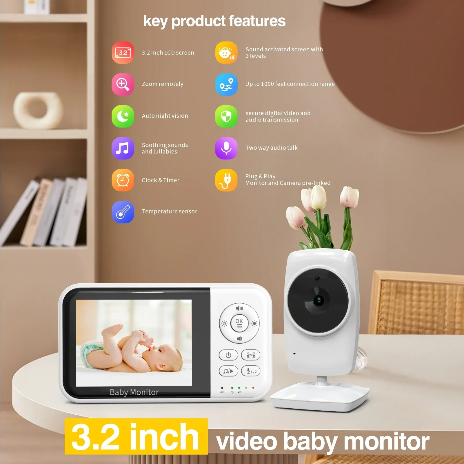 3.2 Inch Video Baby Monitor 2‑Way Audio Talk Auto Night Vision 2X Zoom ECO Mode Temperature Sensor No WiFi Baby Care Monitor