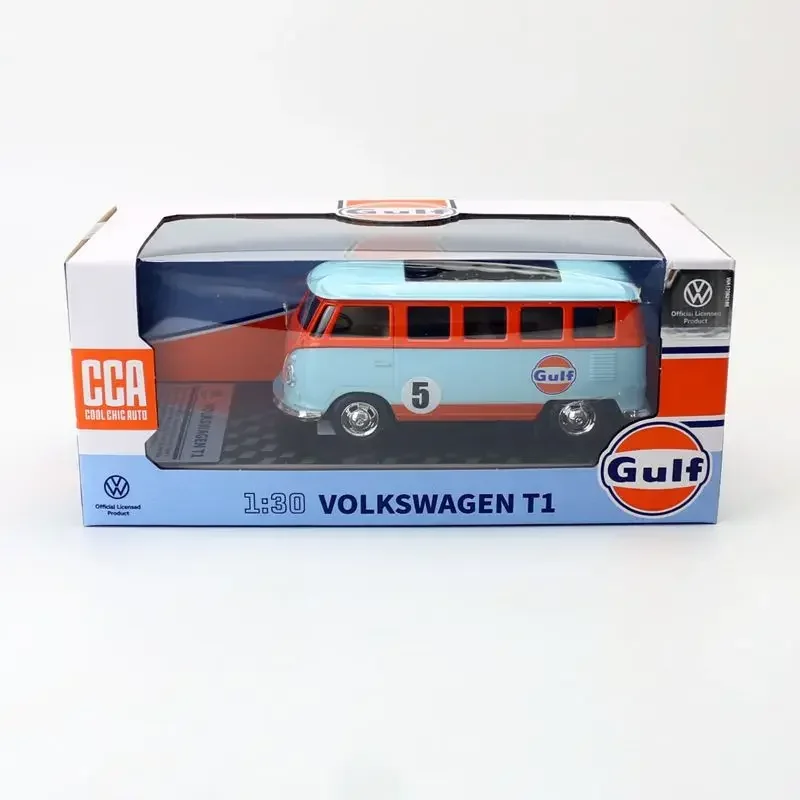 1:30 Volkswagen T1 Samba Bus Transporter Van Gulf Blue Alloy Diecast Model Toy with Decoration Base VW Official Licensed Product