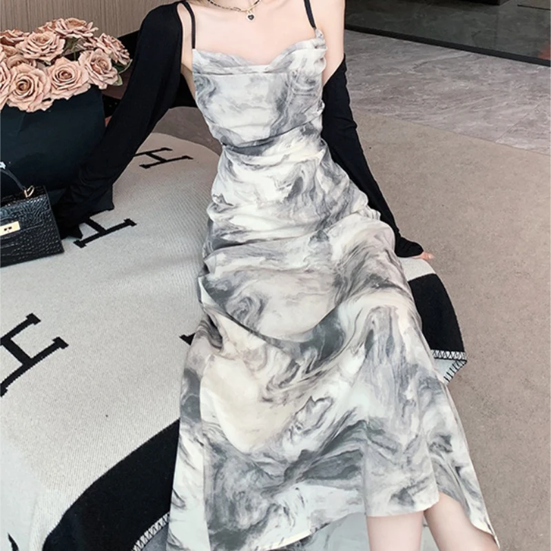 HOUZHOU Sexy Maxi Dress Vintage Elegant Print Aesthetic Chinese Style Gentle Backless Bandage Fashion Summer Slim Long Dresses