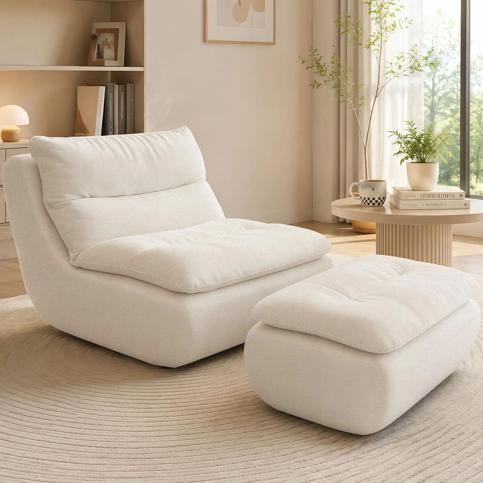 2 in 1 Bean Bag Chair with Ottoman, Comfy Lounge Chair for Adults, Beige