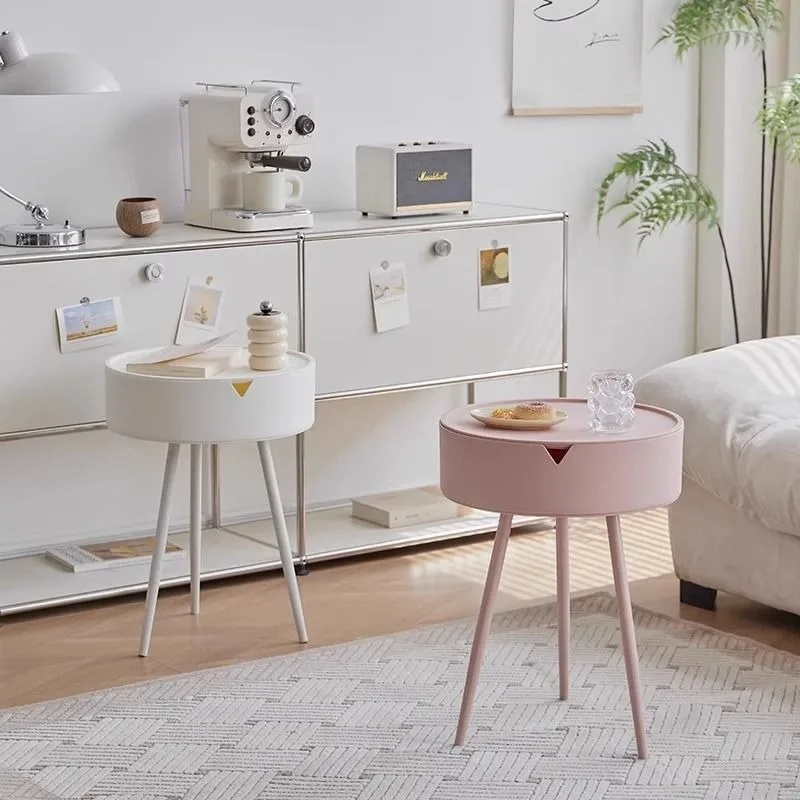 Cream-colored Bedside Table, Modern Minimalist Side Table, Small Coffee Table, Round Creative Storage Cabinet for Bedroom.
