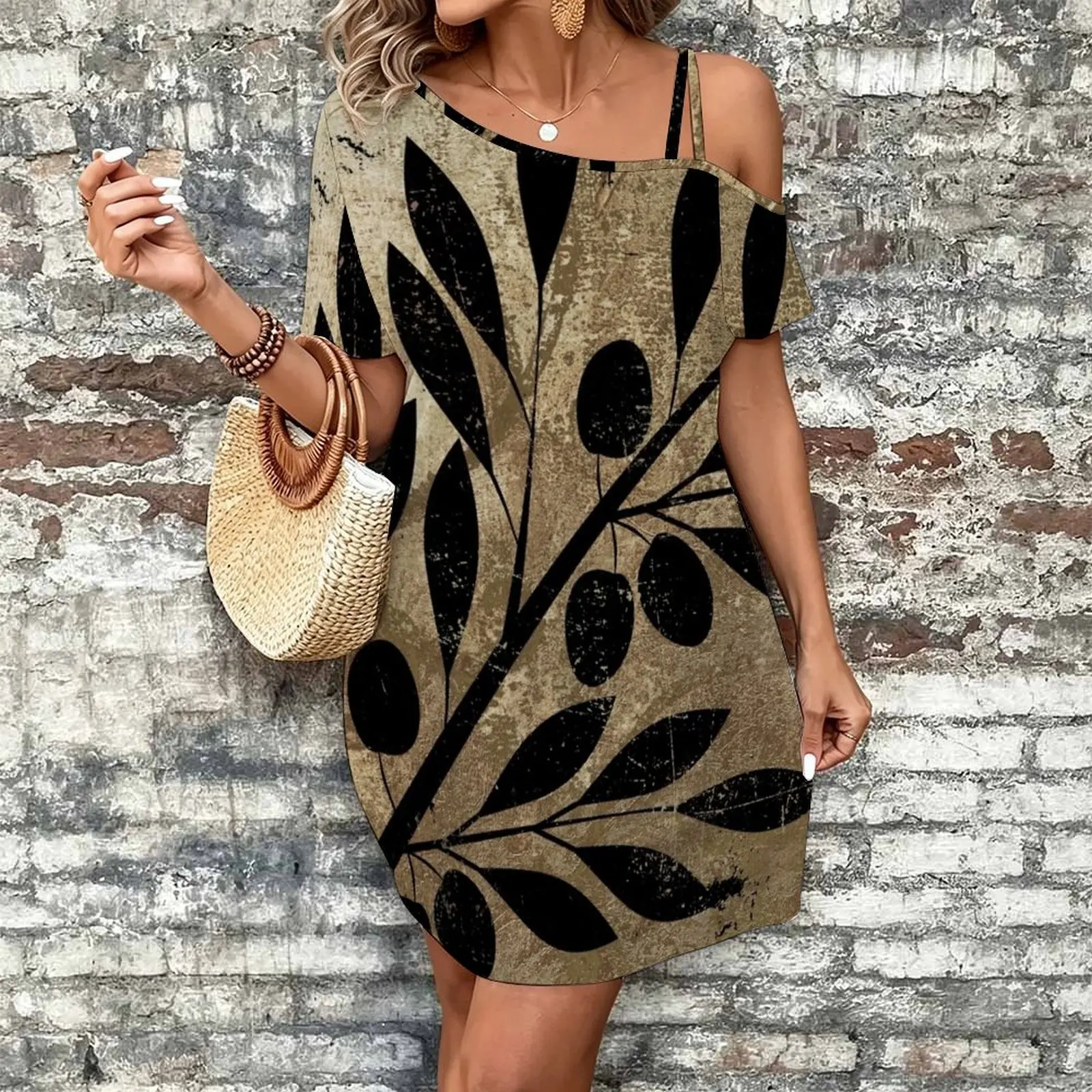 Bellisima Black Olives on Gold Women's Slanted Shoulder Single Strap Short-Sleeved Dress