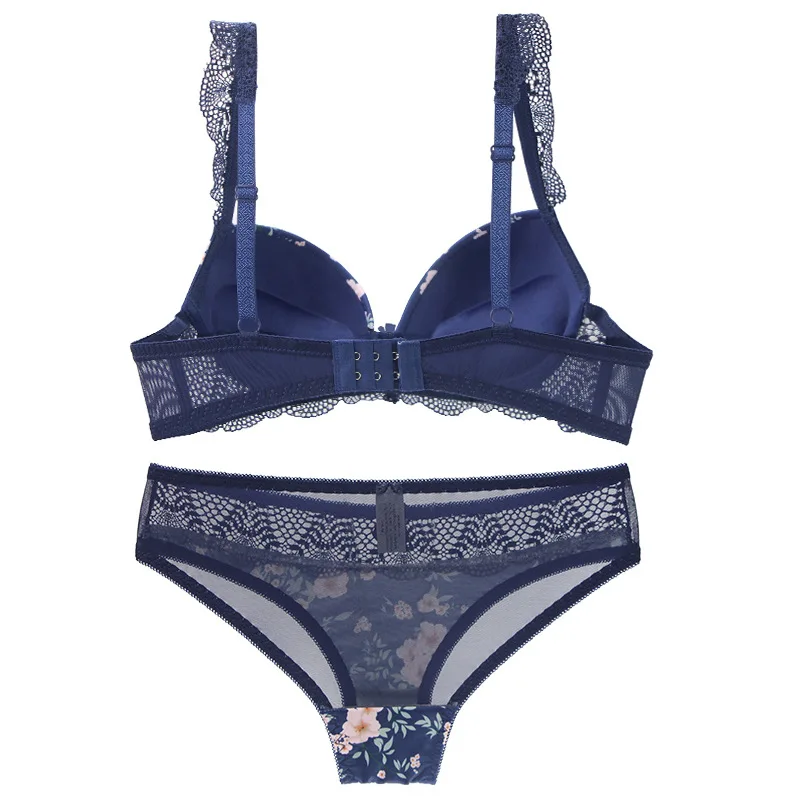 Conjunto de sujetador de realce para mujer, ropa interior Sexy con lazo de copa BCDE, lencería grande de encaje Floral en negro, Beige, azul, rojo y