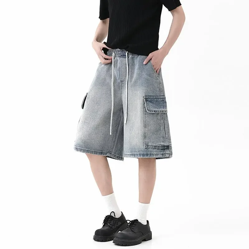 

Новые летние мужские свободные джинсовые шорты с эластичным поясом, модные мешковатые шорты-карго до колена, уличная повседневная одежда, короткие джинсы