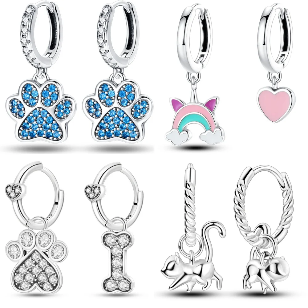 Heiße 925 Sterling Silber Hund Katze Tier Pfote Druck Serie Tropfen Ohrringe für Frau Mode Party Geschenk elegante Schmuck Accessoires