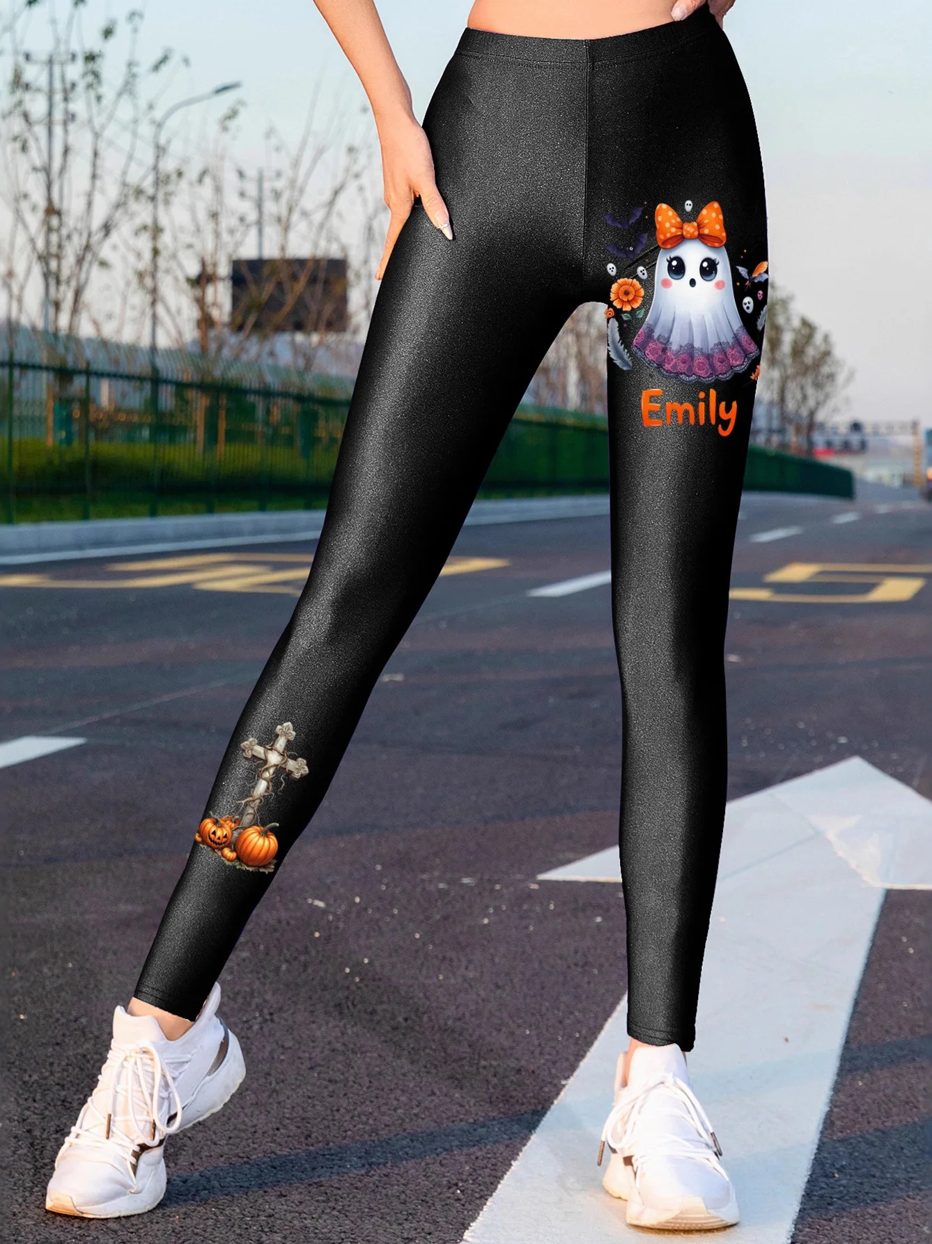 Gothic Ghost Pumpkin Print Halloween Women's Leggings High Waist Nine Points Glittering Heat Transfered Base Pants