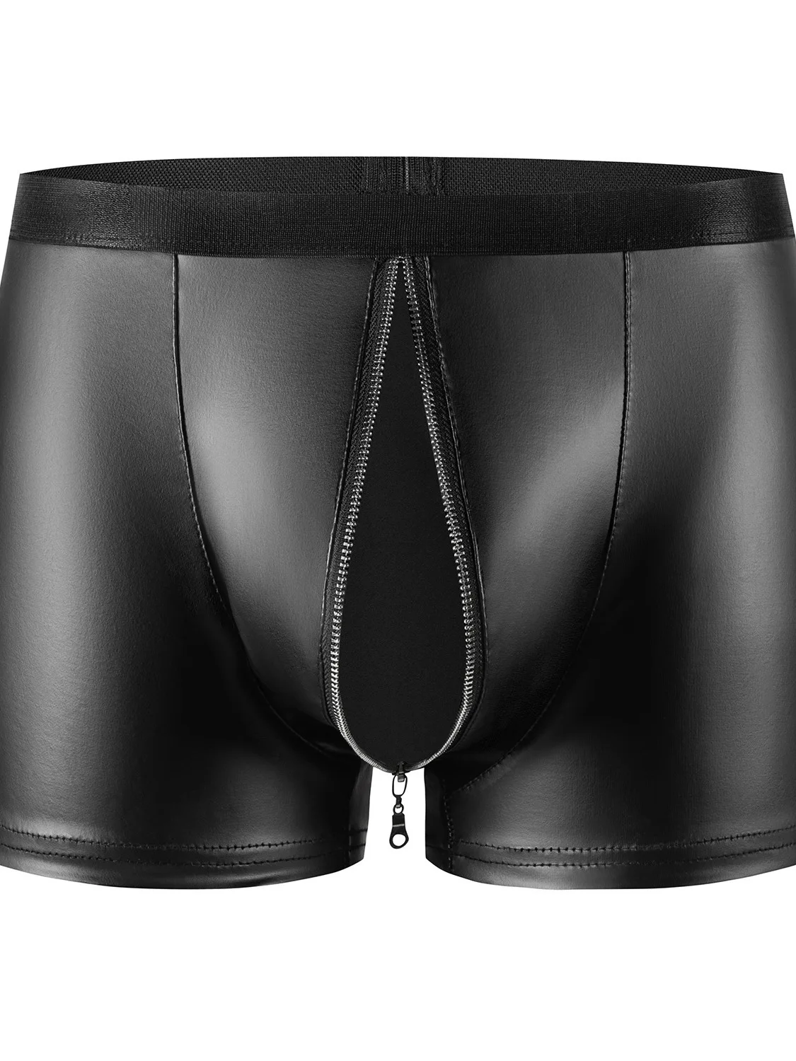 

2024 New Sexy High Waisted Soft Matte Shiny Leather Shorts Men's Zipper Open Crotch Accurate Size No Odor Slim Shorts 24AS