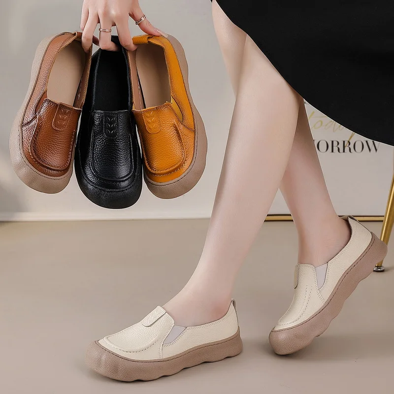 

Retro Prairie Cow Leather Flats For Women Slip On Moccasins Woman Durable Chunky Thick Sole All Day Wear Ladies Everyday Shoes