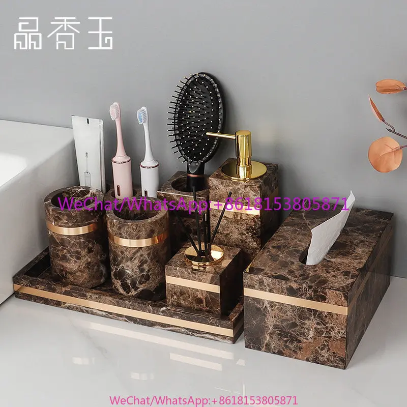 Light luxury coffee reticulated marble bathroom toiletries set tray high-end bathroom supplies