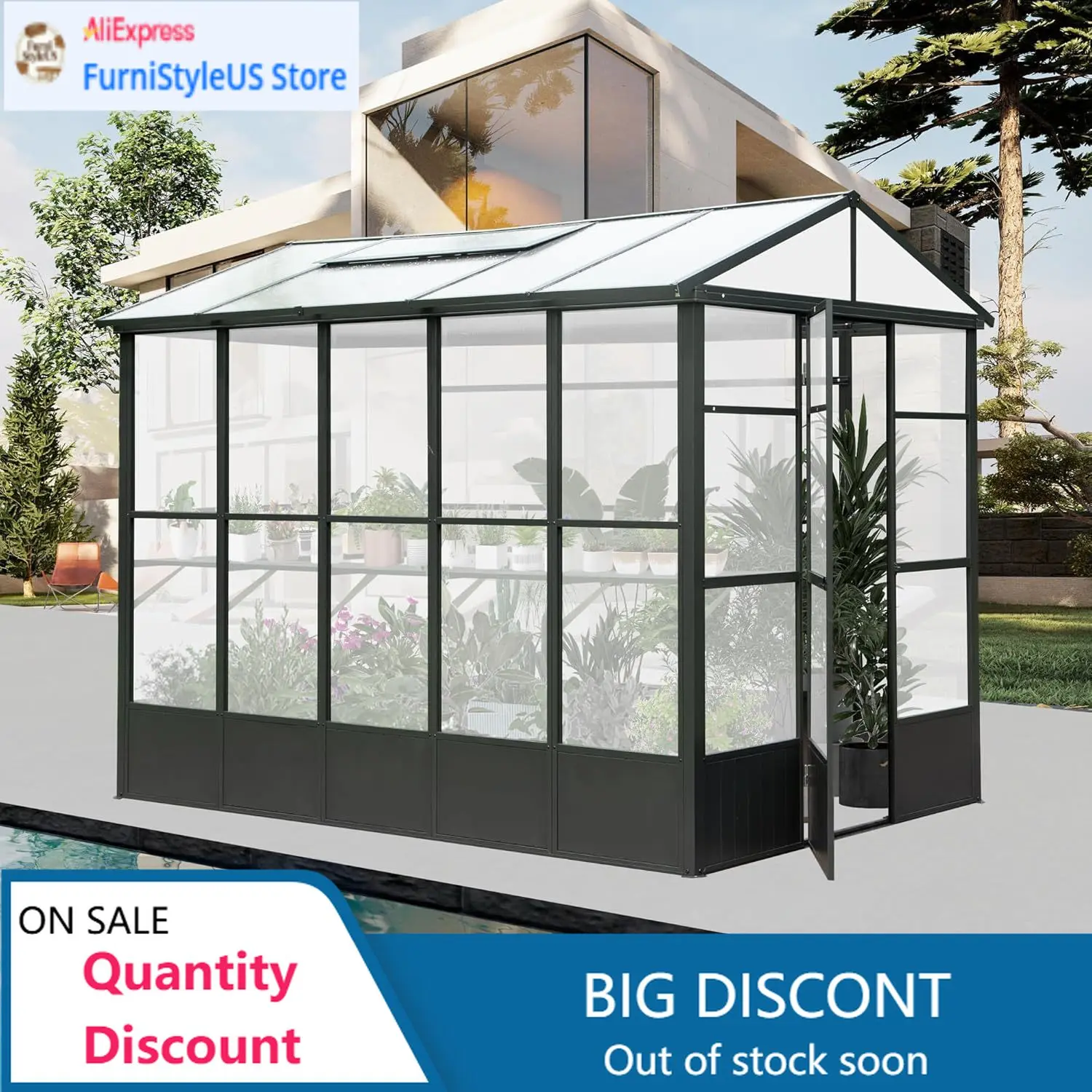 

Садовая теплица ModernDomi 8x10 футов, поликарбонатная, с полностью автоматическим контролем температуры и вентиляцией, уличная, из цельного алюминия, усиленная конструкция