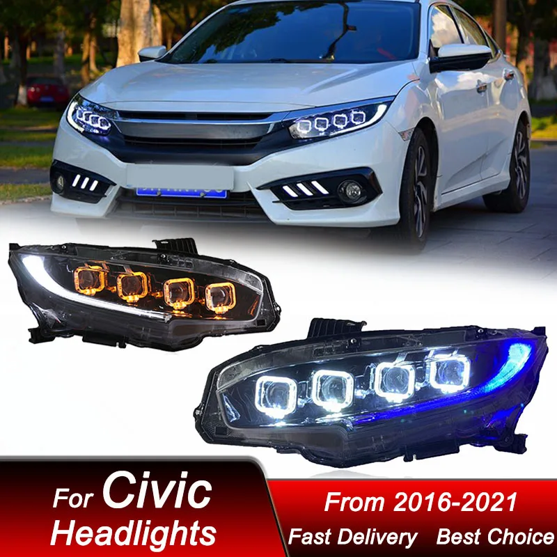 

Pop Car Headlights For Honda Civic 10G 2016-2021 Bugatti Style Full LED Headlamp Assembly Upgrade Projector Lens Accessories Ki